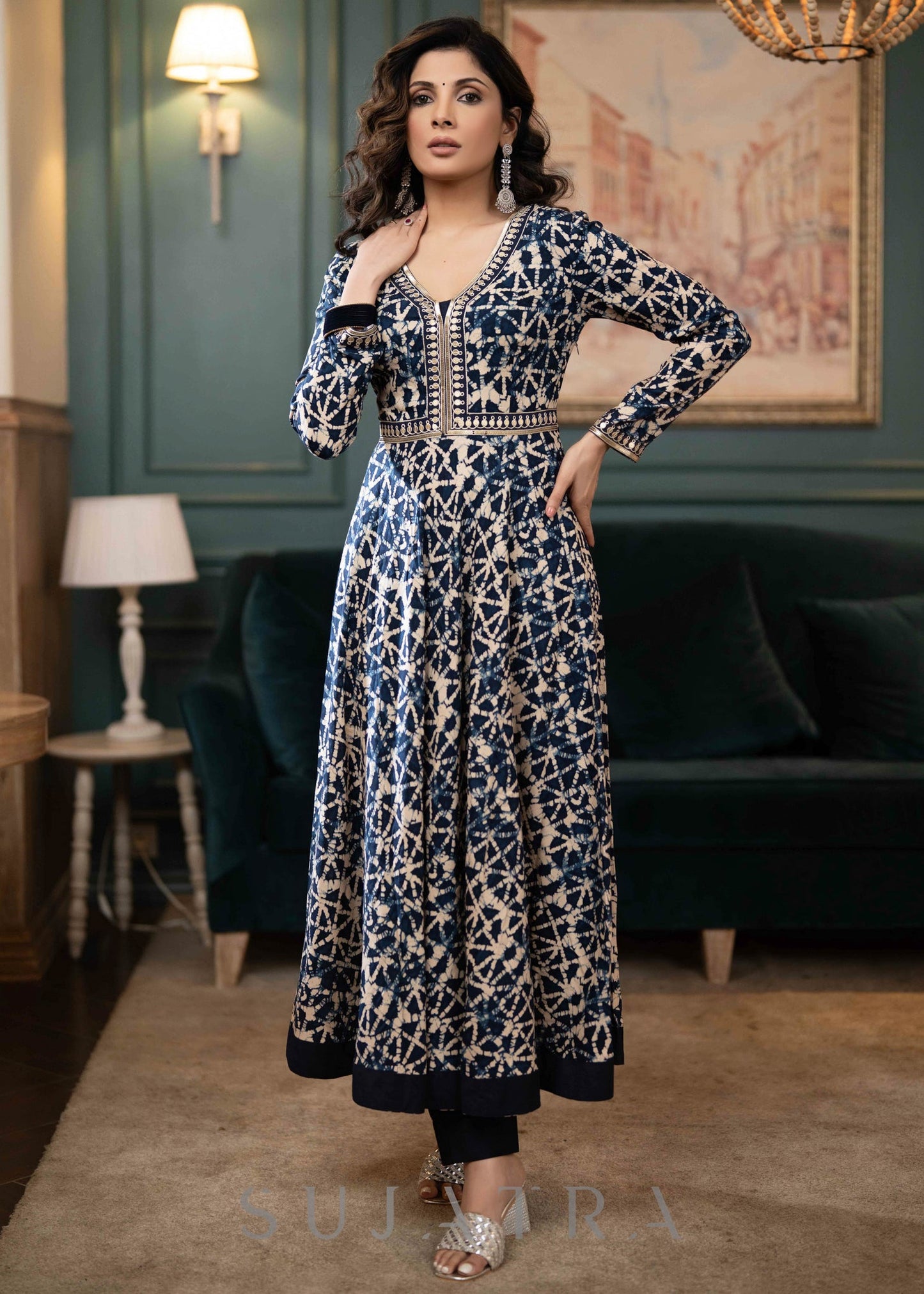 Hand Embroidered Rayon Printed Flared Kurta With Dupatta -  Navy Blue Pant Optional