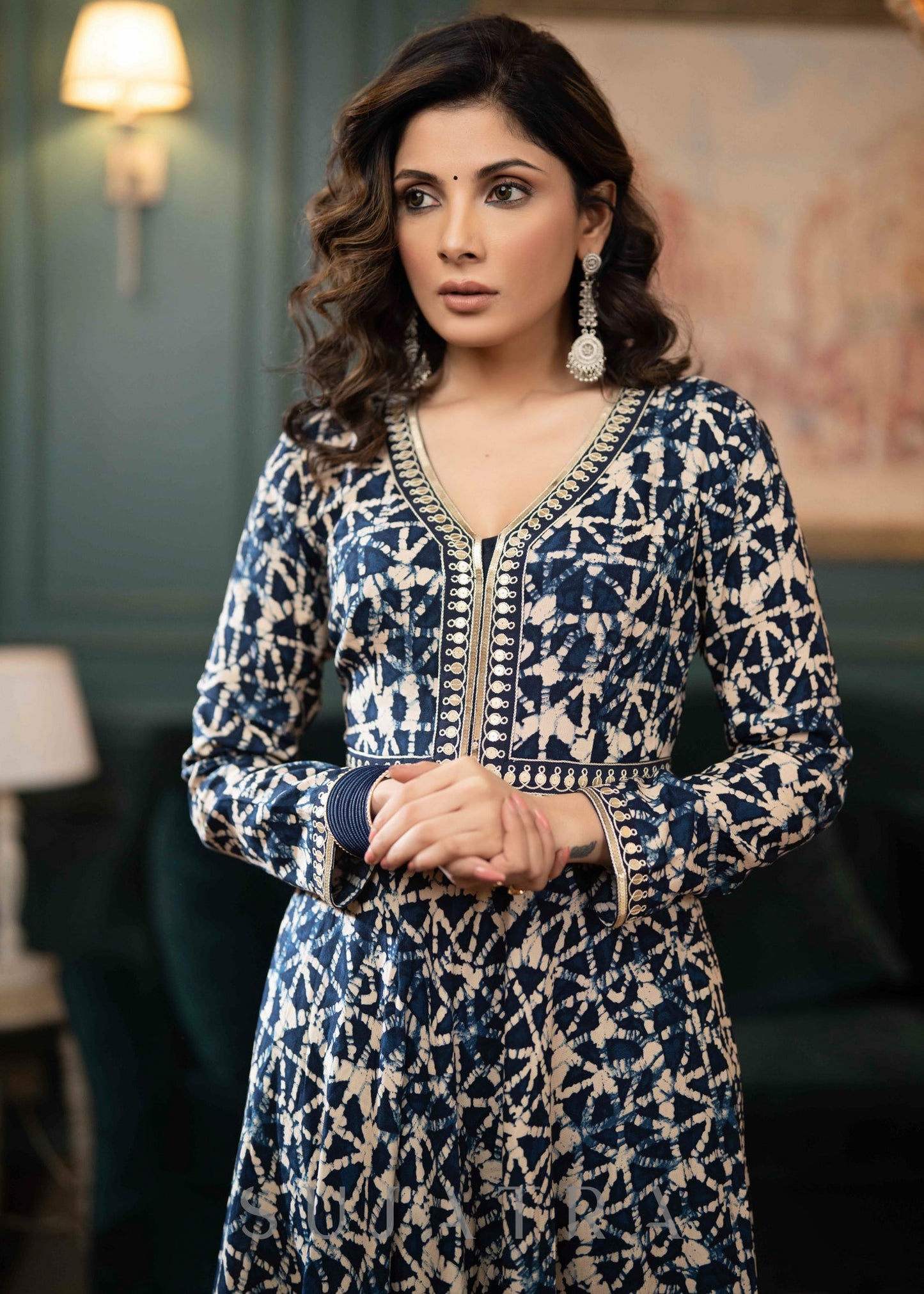 Hand Embroidered Rayon Printed Flared Kurta With Dupatta -  Navy Blue Pant Optional