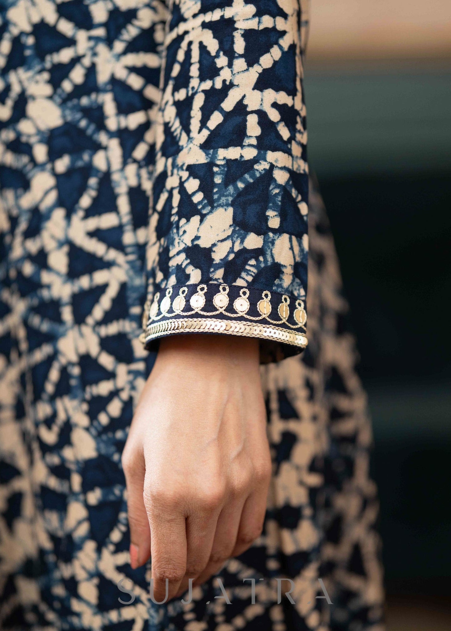Hand Embroidered Rayon Printed Flared Kurta With Dupatta -  Navy Blue Pant Optional