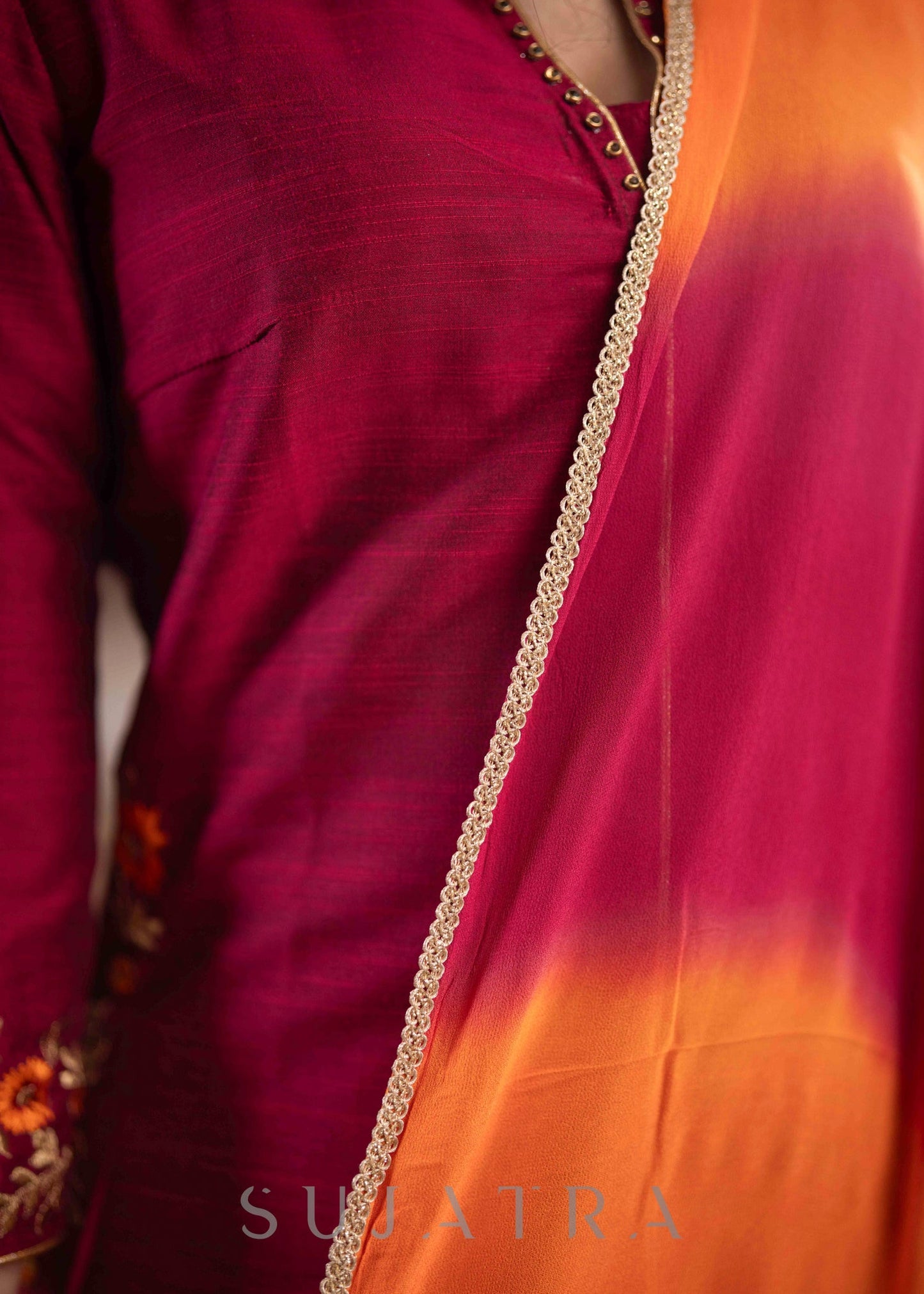 Beautiful Magenta Cotton Silk Pant &Kurta With Embroidery On Sides & Sleeves  - Dupatta Optional