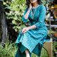 Green handloom cotton princess cut kurti set with mirror work embriodery all over