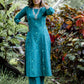 Green handloom cotton princess cut kurti set with mirror work embriodery all over
