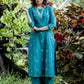 Green handloom cotton princess cut kurti set with mirror work embriodery all over