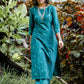 Green handloom cotton princess cut kurti set with mirror work embriodery all over