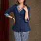 Navy Blue Cotton Indigo Combination Top With Indigo Pant Optional