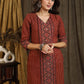 Elegant V Neckline Cotton Ajrakh Combination Straight Cut Kurta with Wooden Buttons - Pant Optional