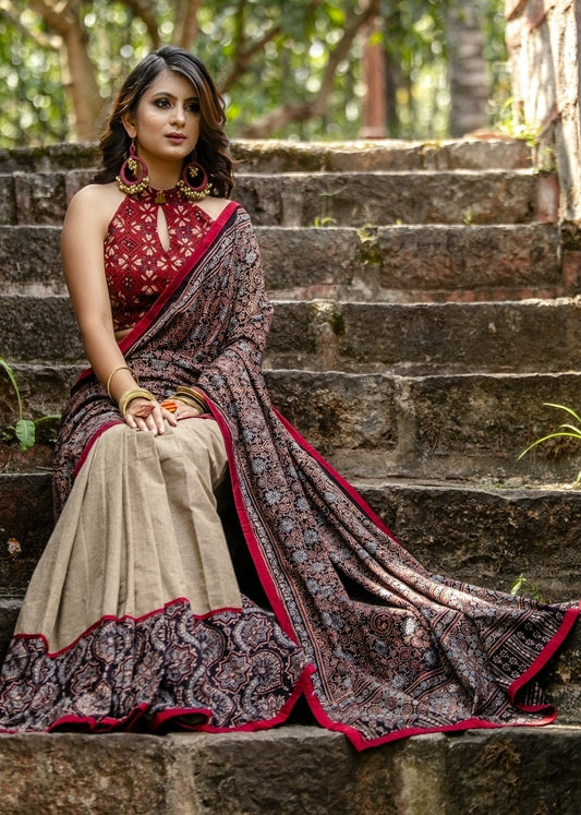 Exclusive block printed Ajrakh & beige handloom cotton combination saree