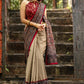 Exclusive block printed Ajrakh & beige handloom cotton combination saree