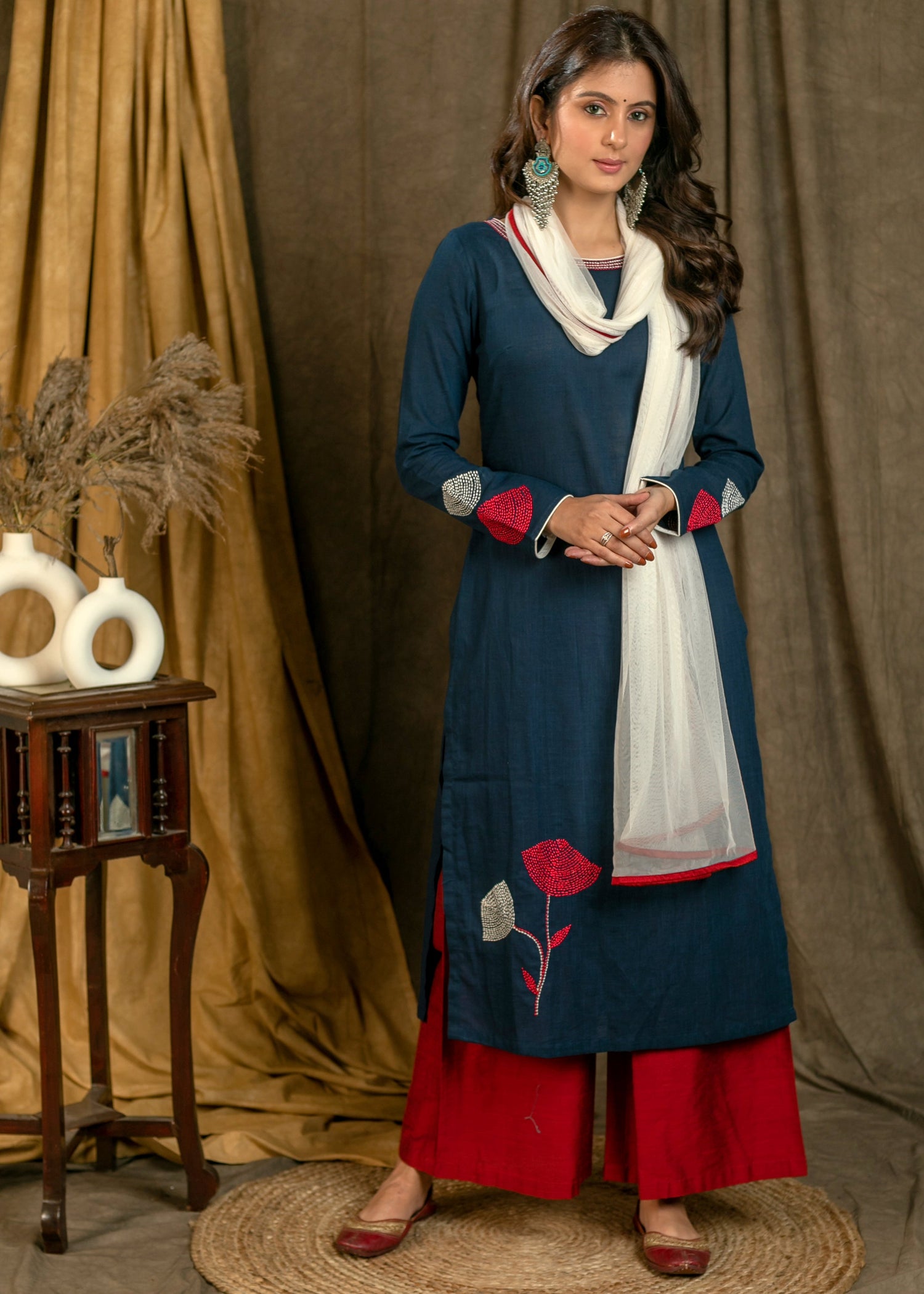 Beautiful Flower Embroidered Cotton Full Sleeves Straight Cut Kurta Pant Set - Dupatta Optional