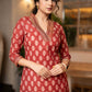 Exclusive Hand Embroidered Printed Maroon Kurta With Pant  - Dupatta Optional