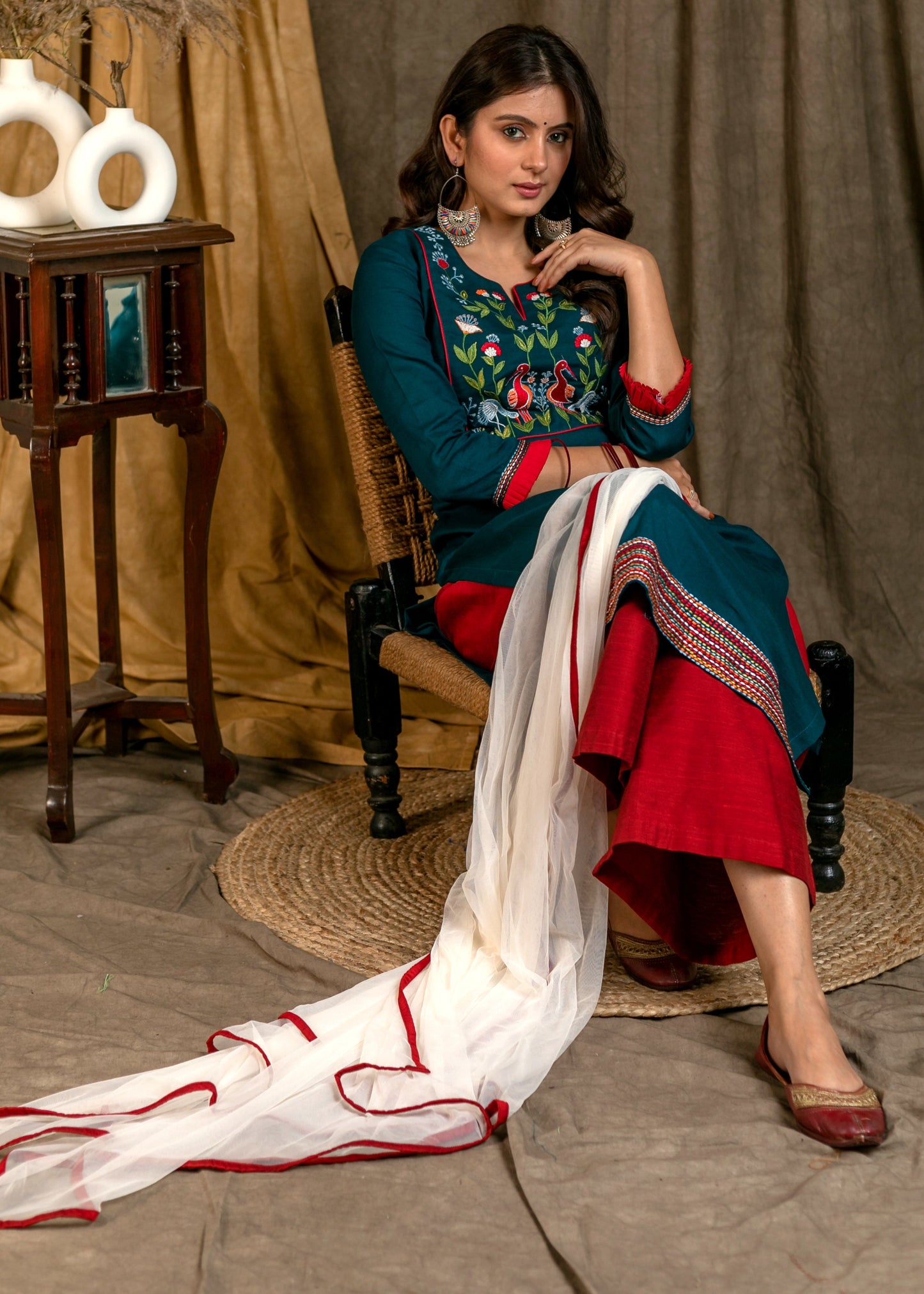 Exclusive Straight Cut Teal Blue Cotton Kurta Pant Set with Flamingo Work On Yoke and Embroidery On Hemline - Dupatta Optional