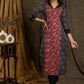 Beautiful Red Black Kantha Combination Straight Cut Cotton Ajrakh Kurta with Flat Collar and Wooden Beads - Pant Optional