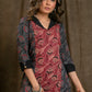 Beautiful Red Black Kantha Combination Straight Cut Cotton Ajrakh Kurta with Flat Collar and Wooden Beads - Pant Optional