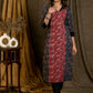 Beautiful Red Black Kantha Combination Straight Cut Cotton Ajrakh Kurta with Flat Collar and Wooden Beads - Pant Optional