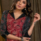 Beautiful Red Black Kantha Combination Straight Cut Cotton Ajrakh Kurta with Flat Collar and Wooden Beads - Pant Optional