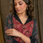 Beautiful Red Black Kantha Combination Straight Cut Cotton Ajrakh Kurta with Flat Collar and Wooden Beads - Pant Optional