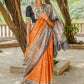 Glamorous rust pure Ghicha silk handpainted madhubani saree
