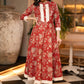 Red Cotton Printed Thread Work Lace Flared cotton Kurta With Pant - Dupatta Optional
