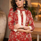 Red Cotton Printed Thread Work Lace Flared cotton Kurta With Pant - Dupatta Optional