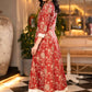 Red Cotton Printed Thread Work Lace Flared cotton Kurta With Pant - Dupatta Optional