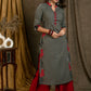 Trendy Grey Cotton Straight Cut Kurta with Black Red Embroidery On Side Panel - Pant Optional