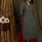 Trendy Grey Cotton Straight Cut Kurta with Black Red Embroidery On Side Panel - Pant Optional
