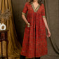 Beautiful Cotton Ajrakh A-Line Kurta / One Piece Dress with Contrast Embroidery On Neckline, Sleeves, and Side Pocket