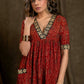 Beautiful Cotton Ajrakh A-Line Kurta / One Piece Dress with Contrast Embroidery On Neckline, Sleeves, and Side Pocket