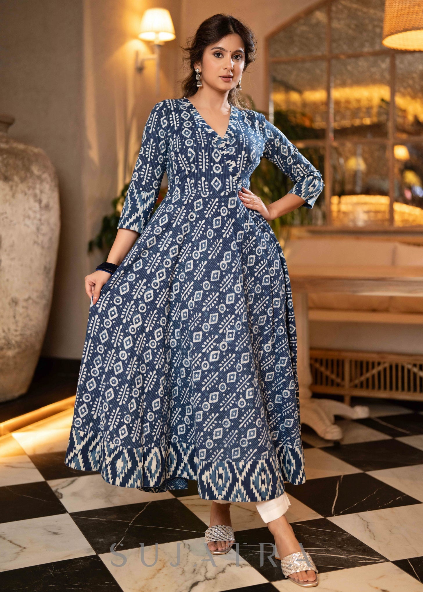 Elegant Indigo Combination Flared Kurta   - Pant Optional