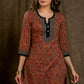 Classy Flower Printed Cotton Ajrakh Straight Cut Kurta with Contrast Details - Pant Optional