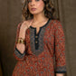 Classy Flower Printed Cotton Ajrakh Straight Cut Kurta with Contrast Details - Pant Optional