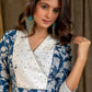 Smart & Stylish Cotton Blue Printed Straight cut Kurta with Beautiful Swan Hand Embroidered Yoke - Pant Optional