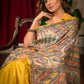 Exclusive mustard pure raw silk hand painted Madhubani designer saree