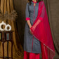 Gorgeous Grey Chikankari Straight Cut Kurta Palazzo Set with Contrast Magenta Details - Dupatta Optional