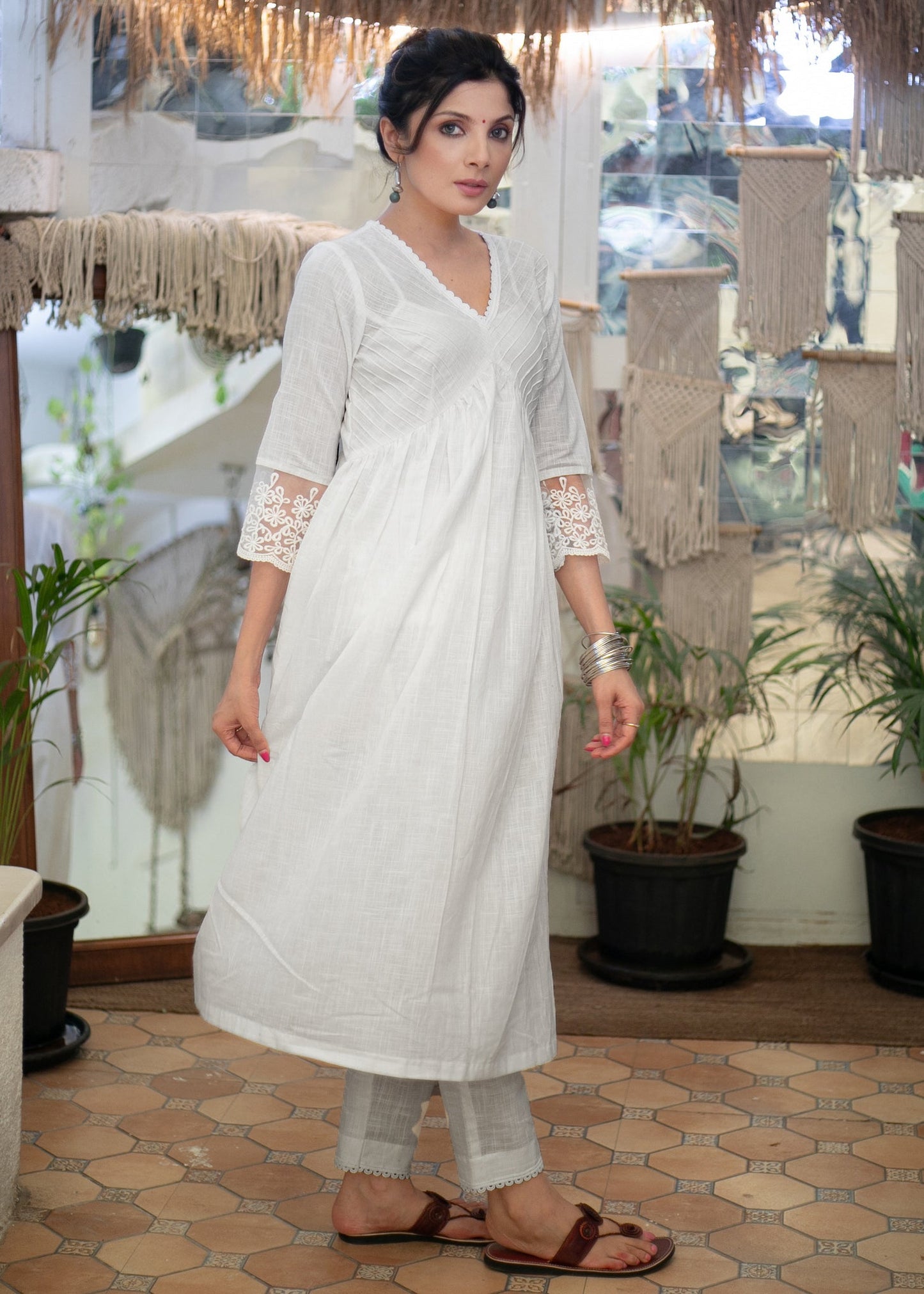 Exclusive White Cotton Kurta with Pintucks on Yoke & Beautiful Lace on Sleeves - Pant Optional