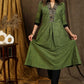 A-Line Sap Green Pure Cotton Kurta with Ajrakh Yoke & Designer Sleeves - Pant Optional