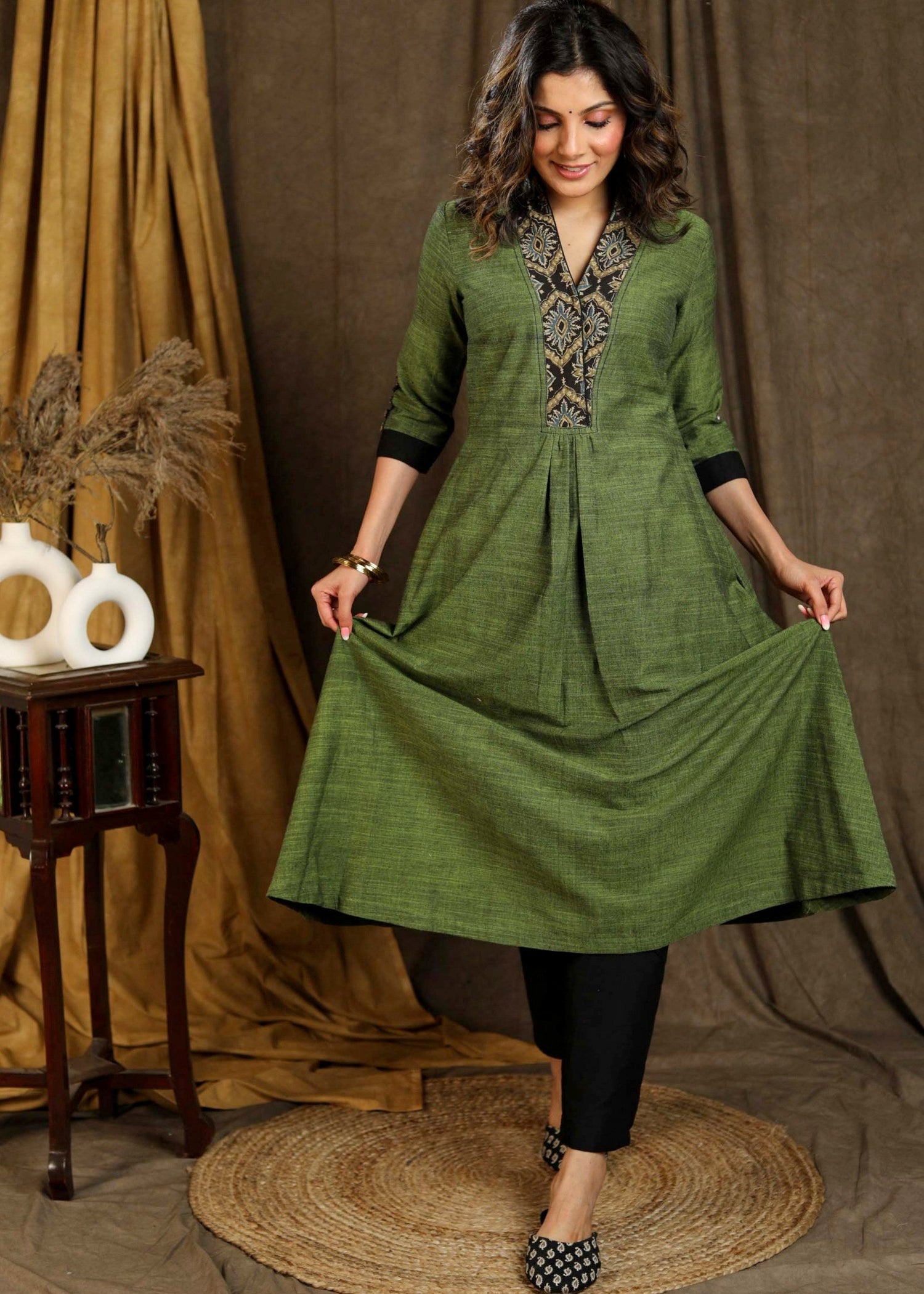 A-Line Sap Green Pure Cotton Kurta with Ajrakh Yoke & Designer Sleeves - Pant Optional