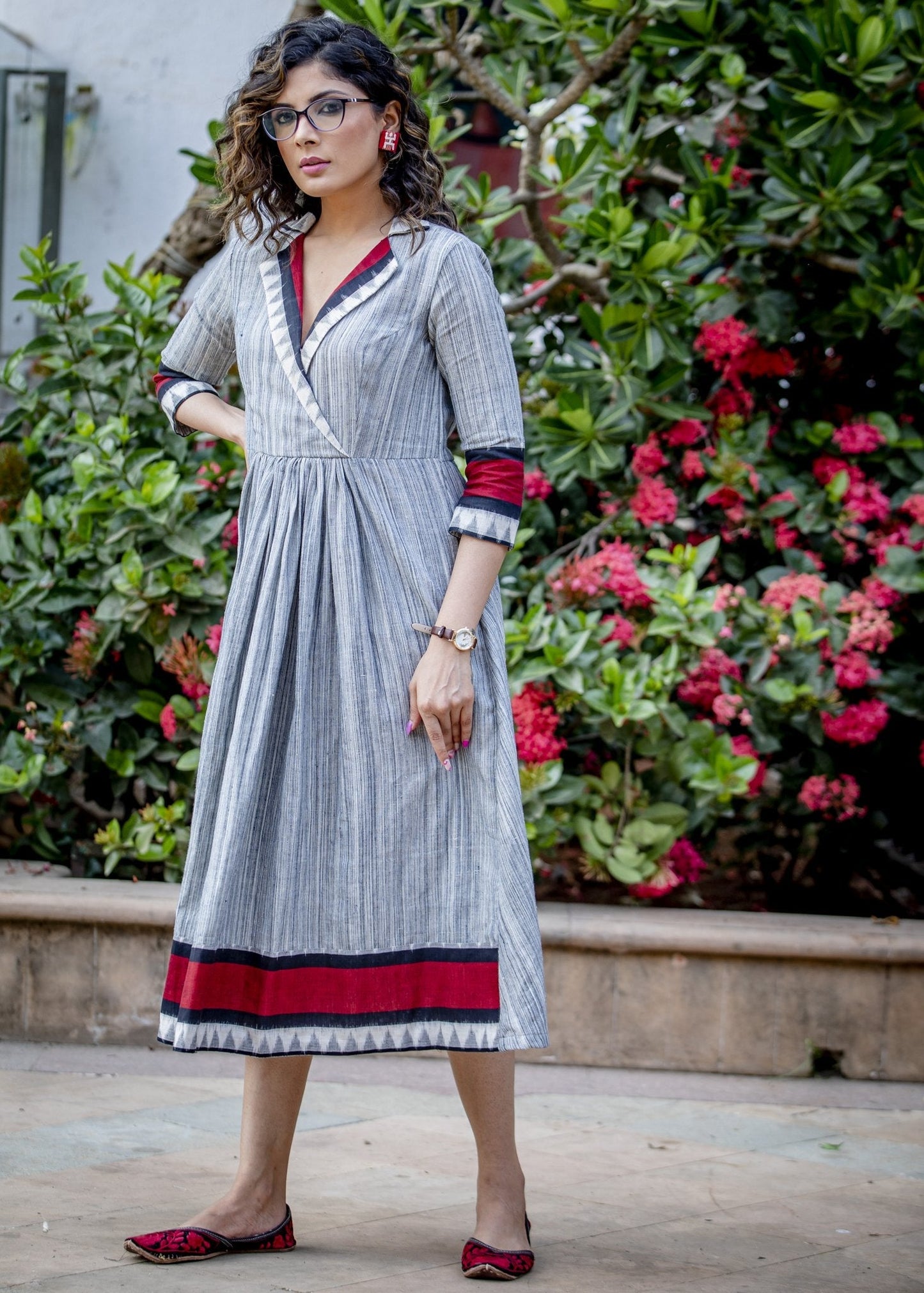 Textured handloom cotton one piece dress with Ikat combination
