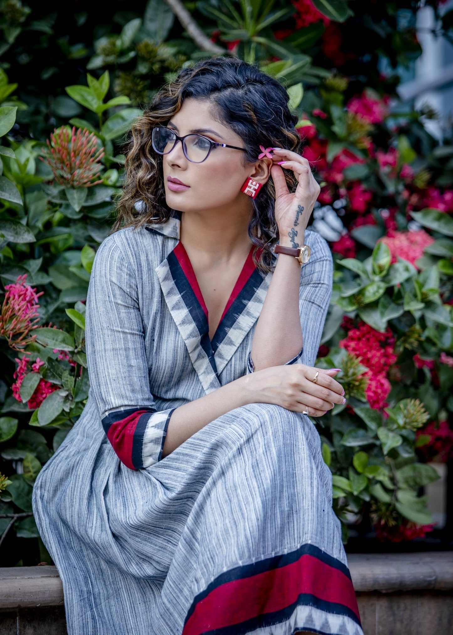 Textured handloom cotton one piece dress with Ikat combination