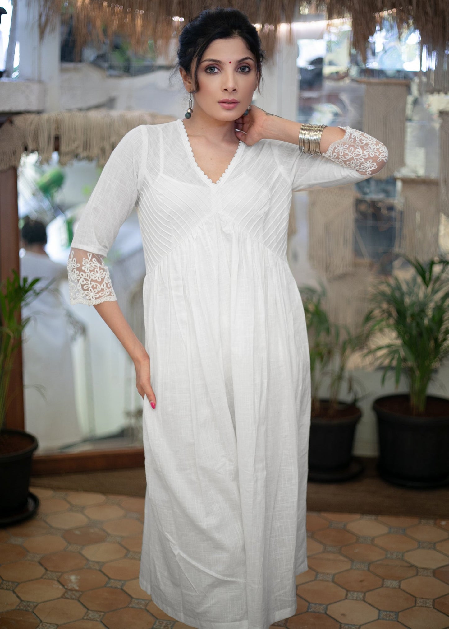 Exclusive White Cotton Kurta with Pintucks on Yoke & Beautiful Lace on Sleeves - Pant Optional