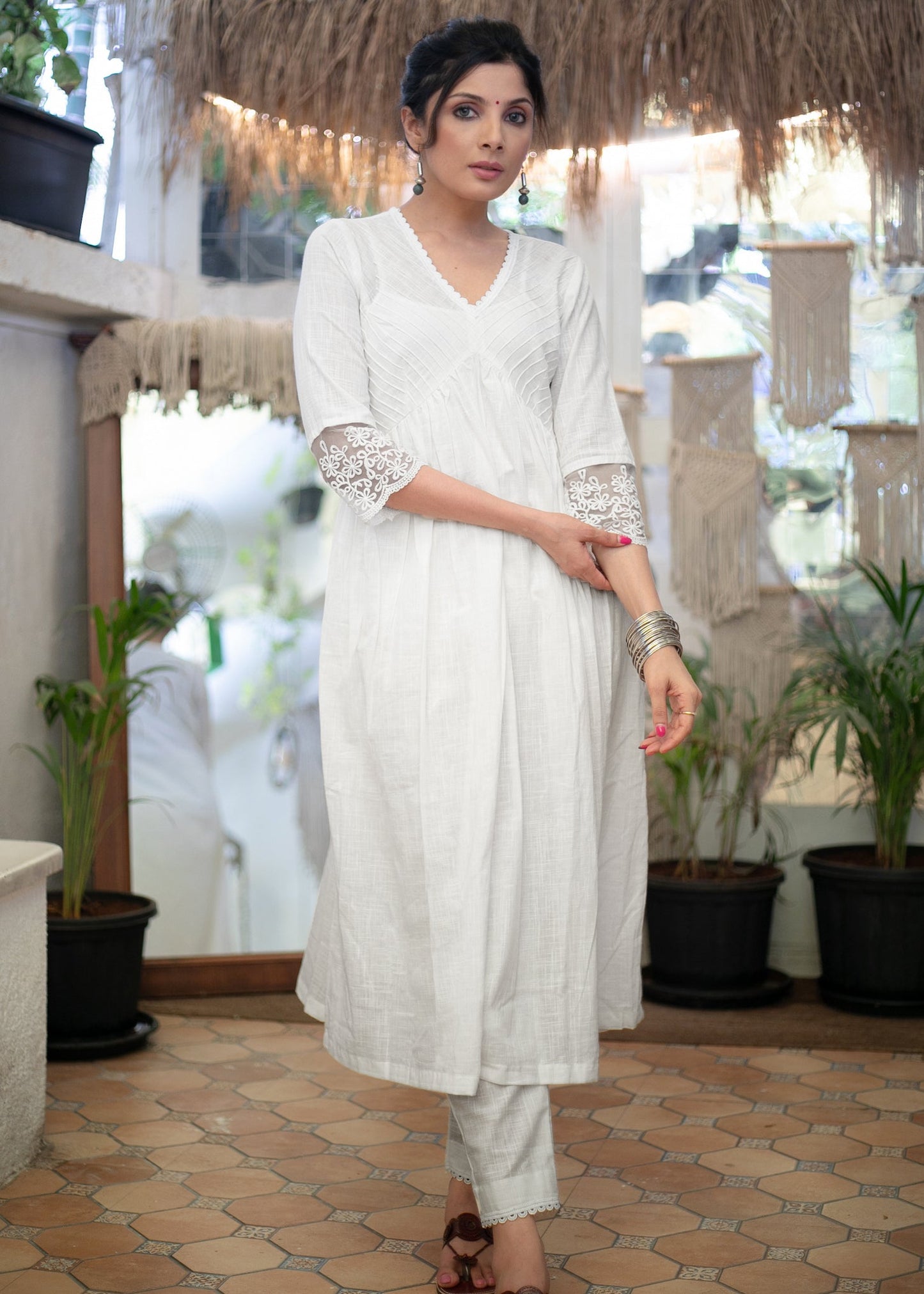 Exclusive White Cotton Kurta with Pintucks on Yoke & Beautiful Lace on Sleeves - Pant Optional