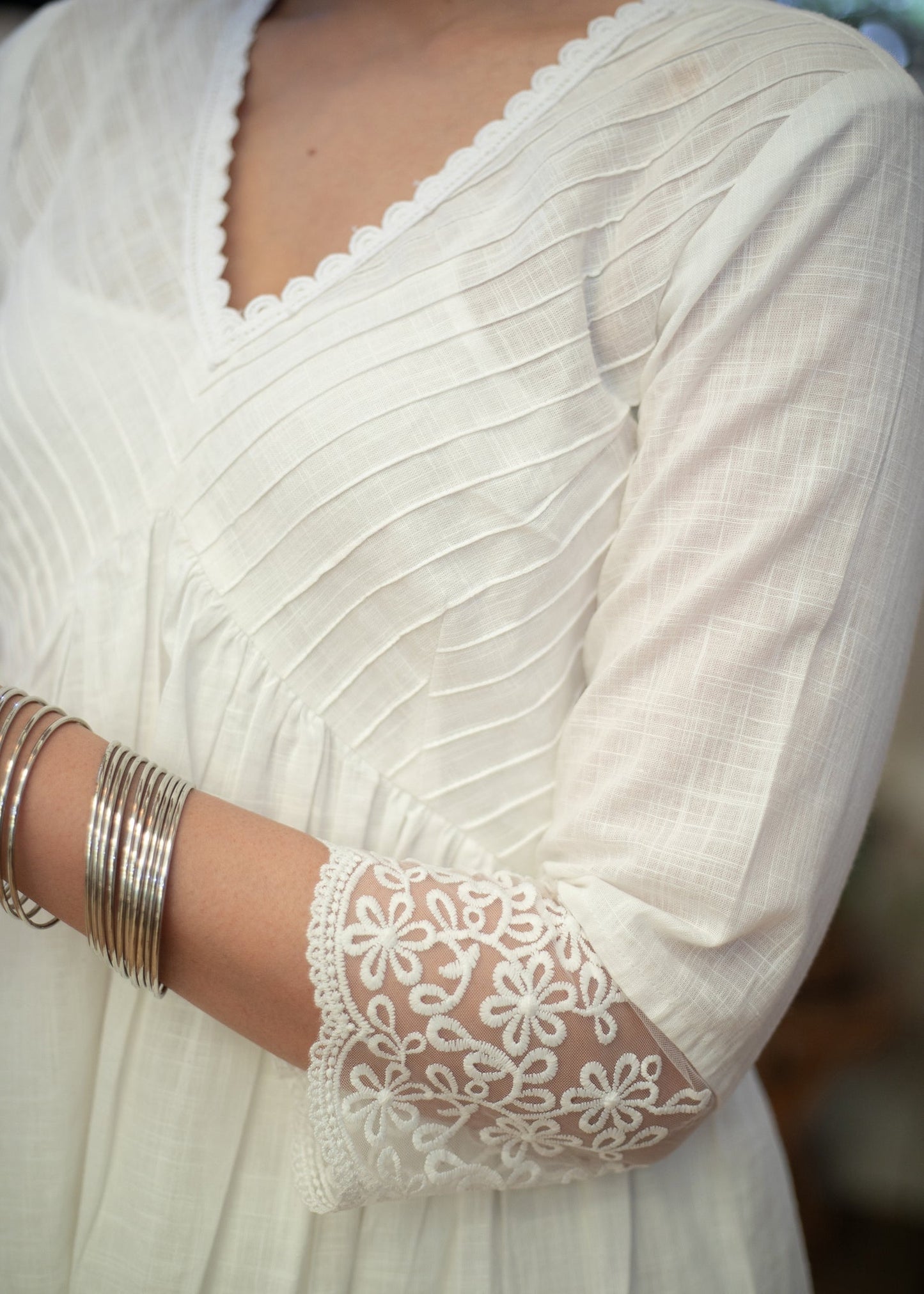 Exclusive White Cotton Kurta with Pintucks on Yoke & Beautiful Lace on Sleeves - Pant Optional