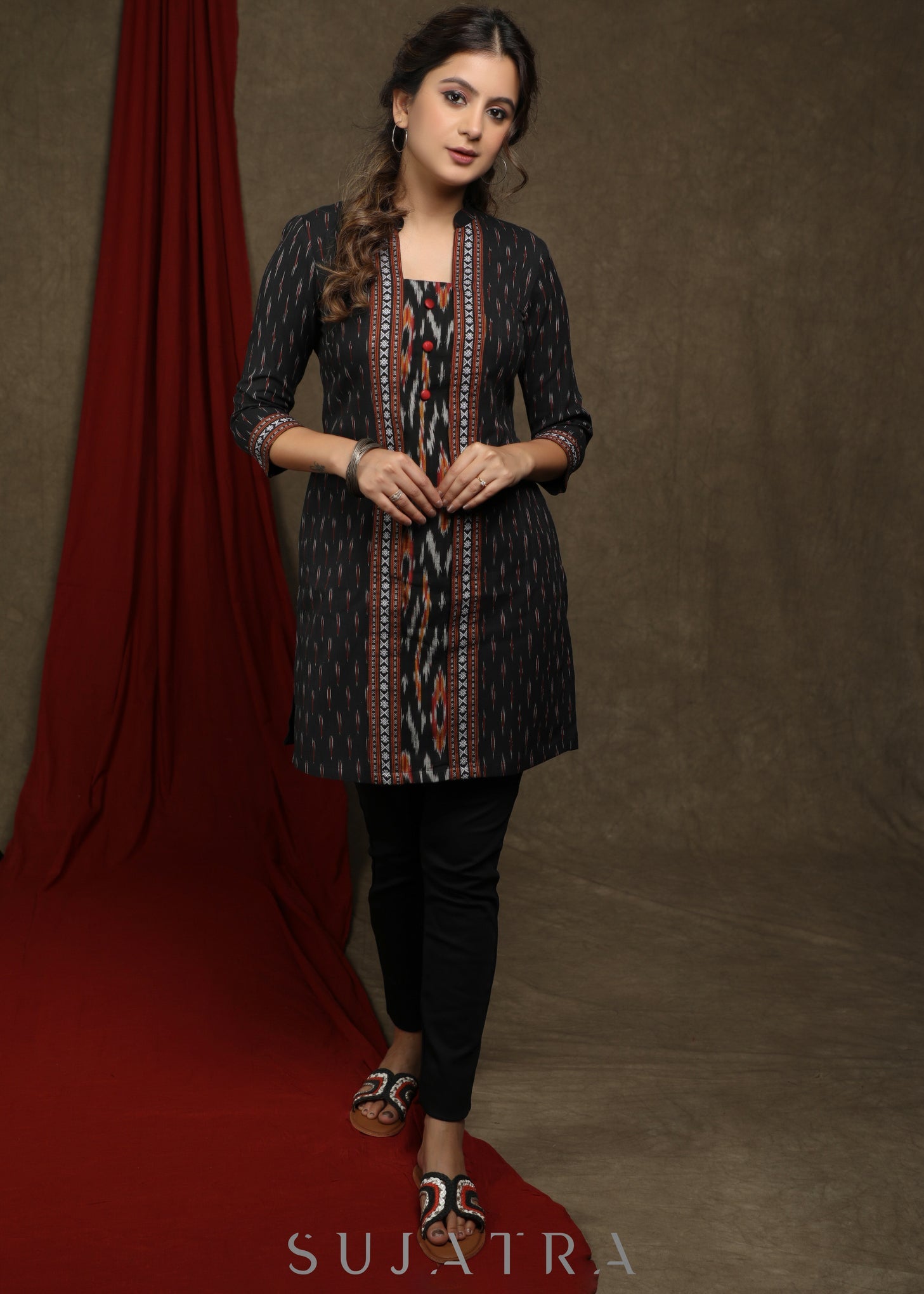 Trendy black ikat combination tunic with mandarin collar