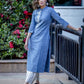 Exclusive blue handloom cotton kurta with floral embroidered pattern