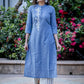 Exclusive blue handloom cotton kurta with floral embroidered pattern