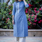 Exclusive blue handloom cotton kurta with floral embroidered pattern