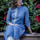 Exclusive blue handloom cotton kurta with floral embroidered pattern