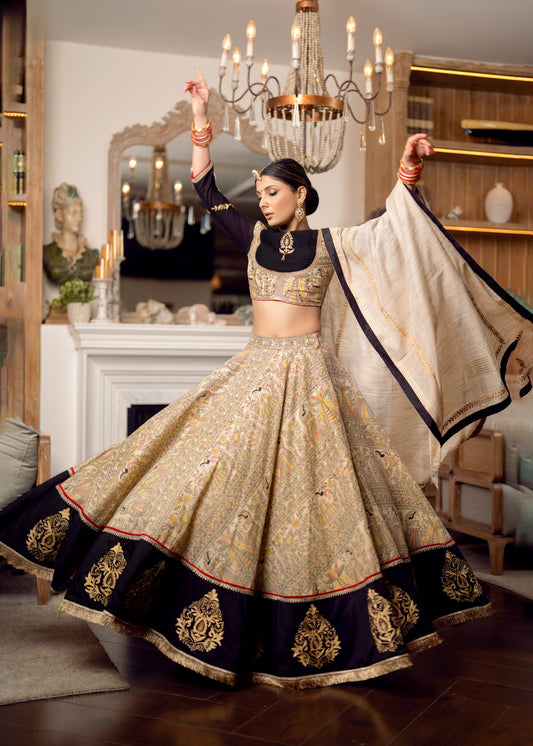 Exclusive Madhubani printed embroidered Lehenga with cotton silk dupatta