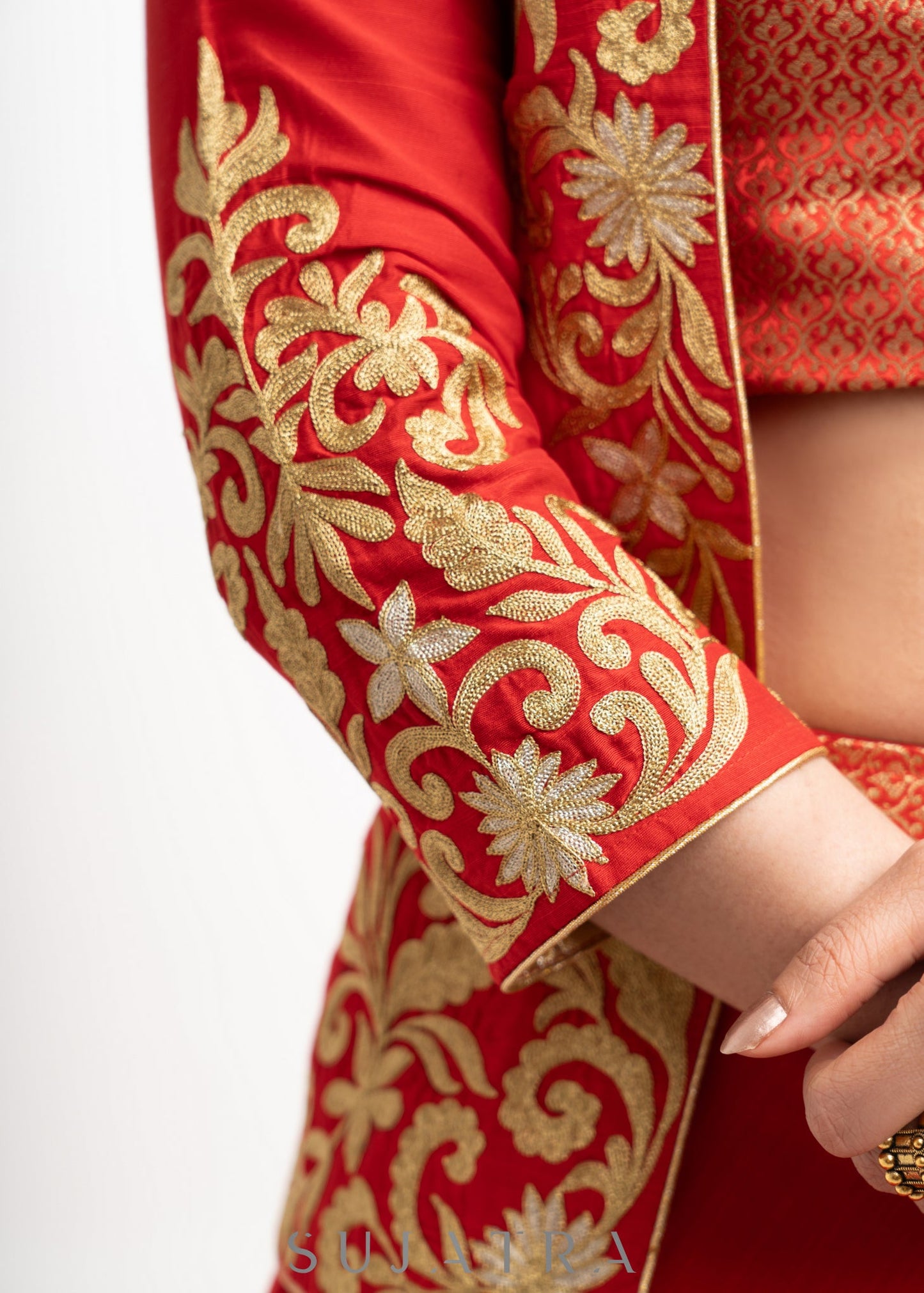 Stylish Red Cotton Silk Lehenga with Brocade Inner & Jacket with Net Dupatta