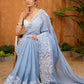 Elegant Powder Blue Organza Saree Highlighted With Overall Intricate Floral Embroidery